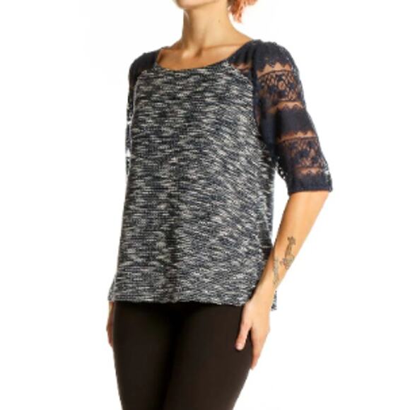 New ANTHROPOLOGIE Women's Navy Postmark Patel Tweed Lace Sleeve Top Size L - Picture 3 of 9